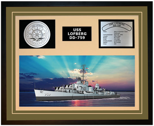USS LOFBERG DD-759 Framed Navy Ship Display Green