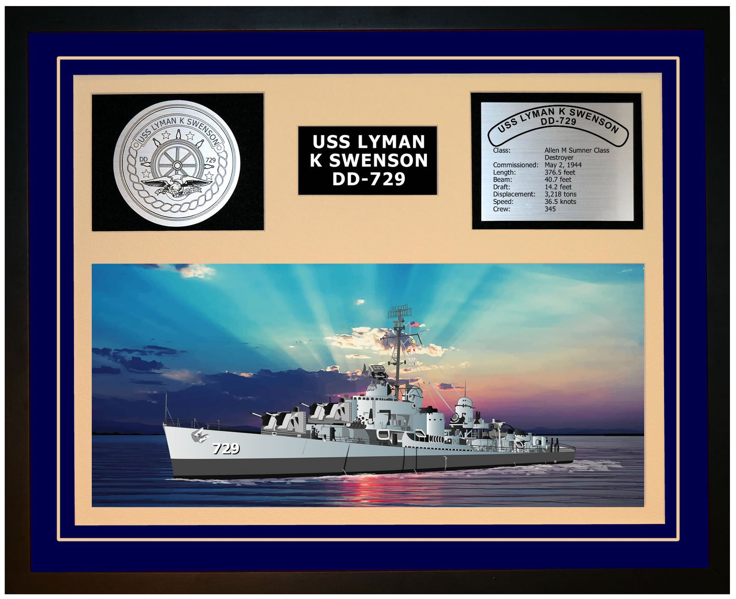 USS LYMAN K SWENSON DD-729 Framed Navy Ship Display
