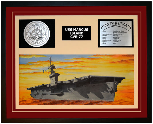 USS MARCUS ISLAND CVE-77 Framed Navy Ship Display Burgundy