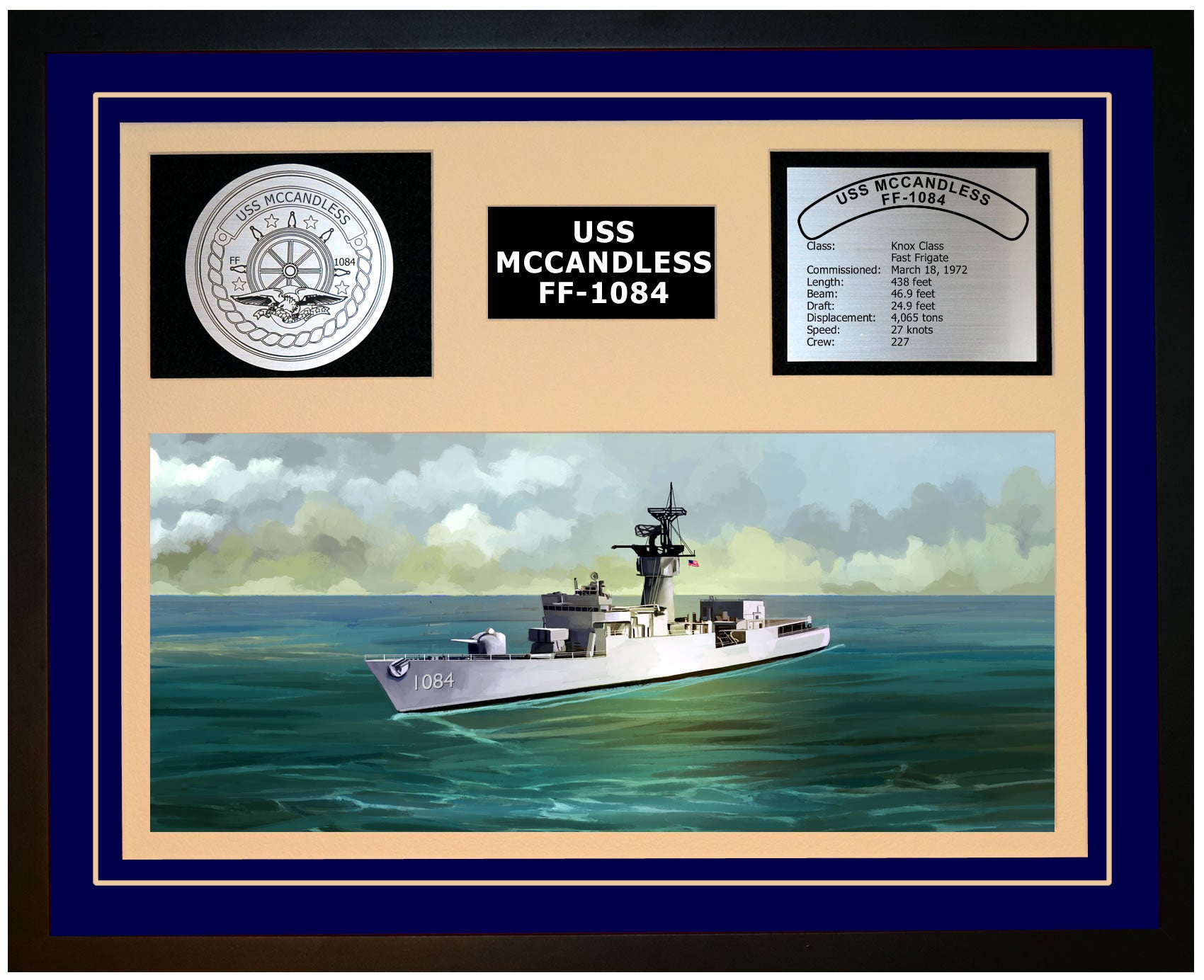 USS MCCANDLESS FF-1084 Framed Navy Ship Display Blue