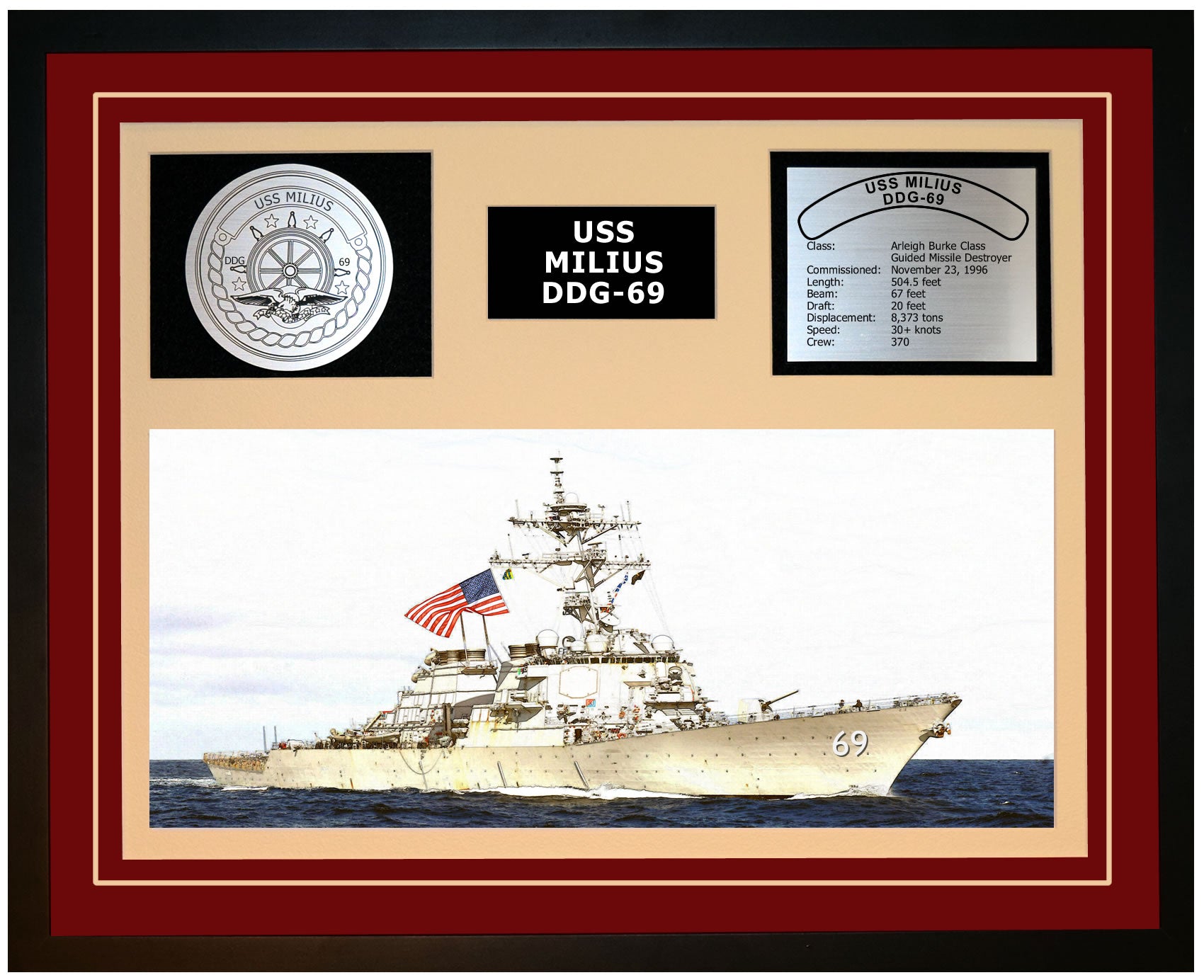 USS MILIUS DDG-69 Framed Navy Ship Display Burgundy
