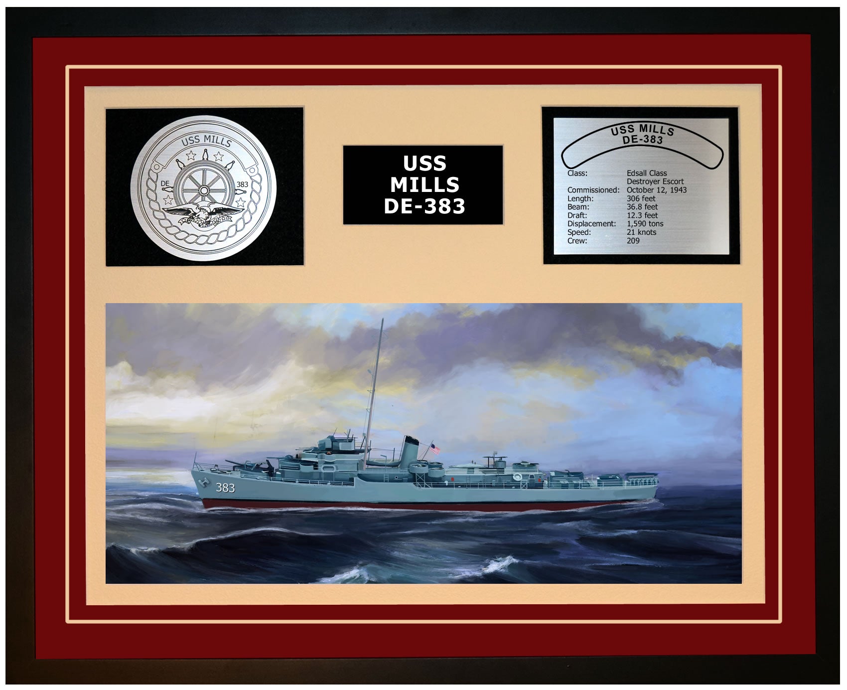 USS MILLS DE-383 Framed Navy Ship Display Burgundy