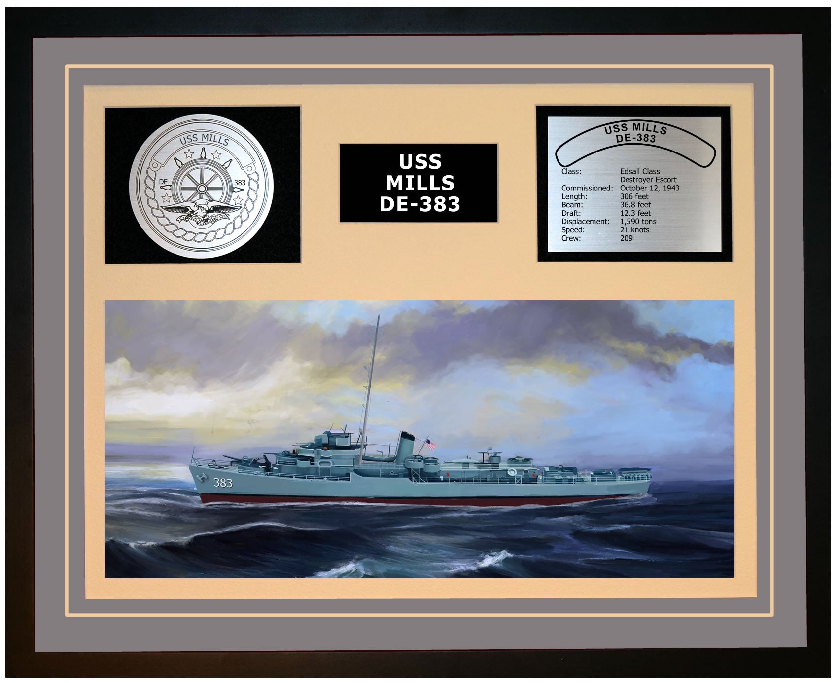 USS MILLS DE-383 Framed Navy Ship Display Grey