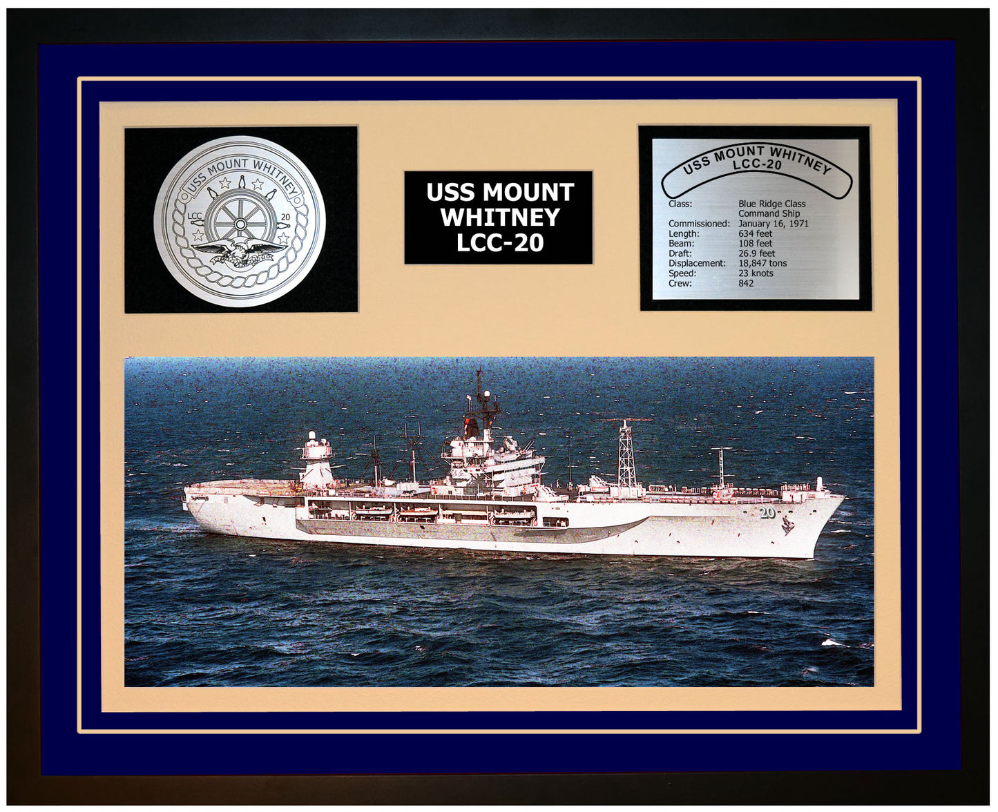 USS MOUNT WHITNEY LCC-20 Framed Navy Ship Display Blue
