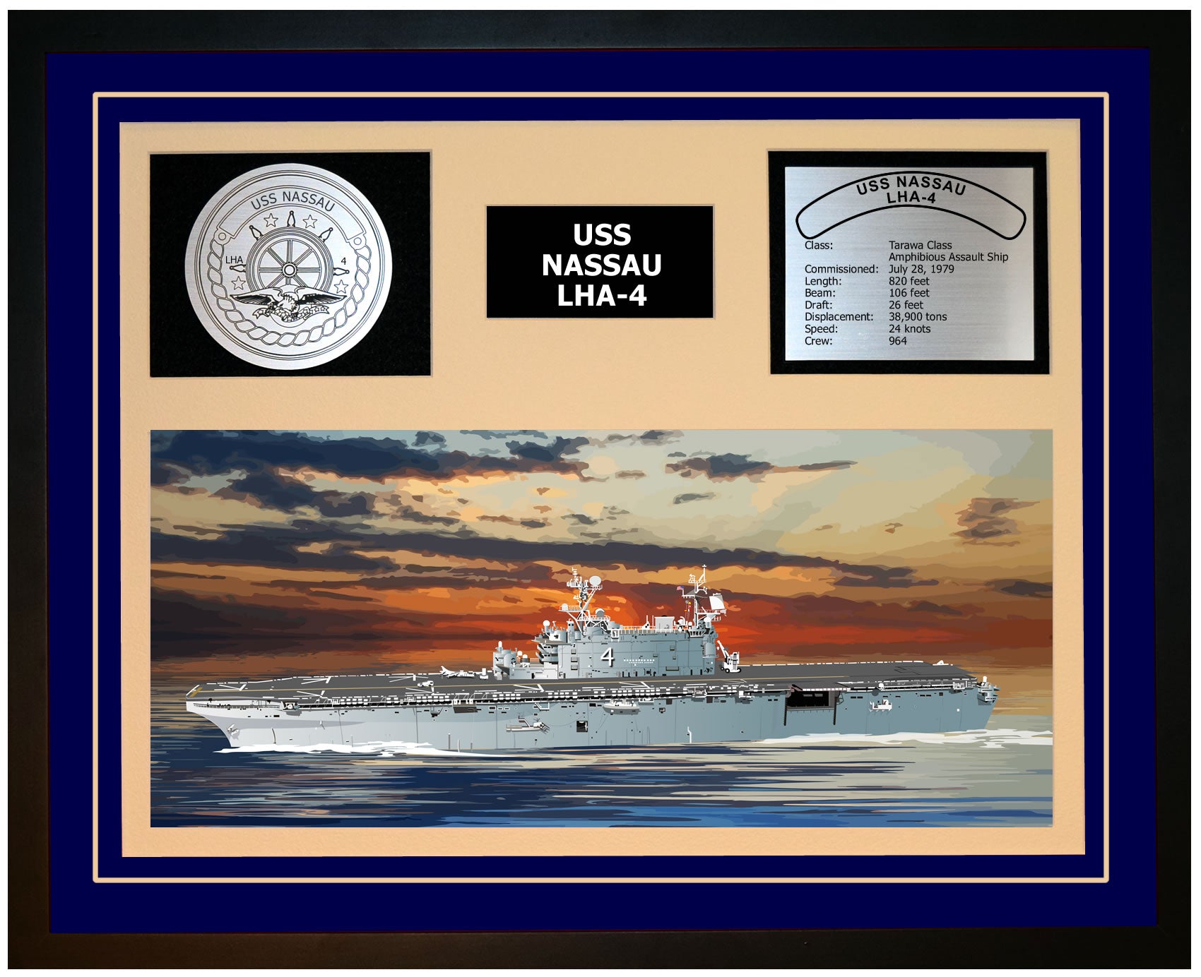 USS NASSAU LHA-4 Framed Navy Ship Display Blue