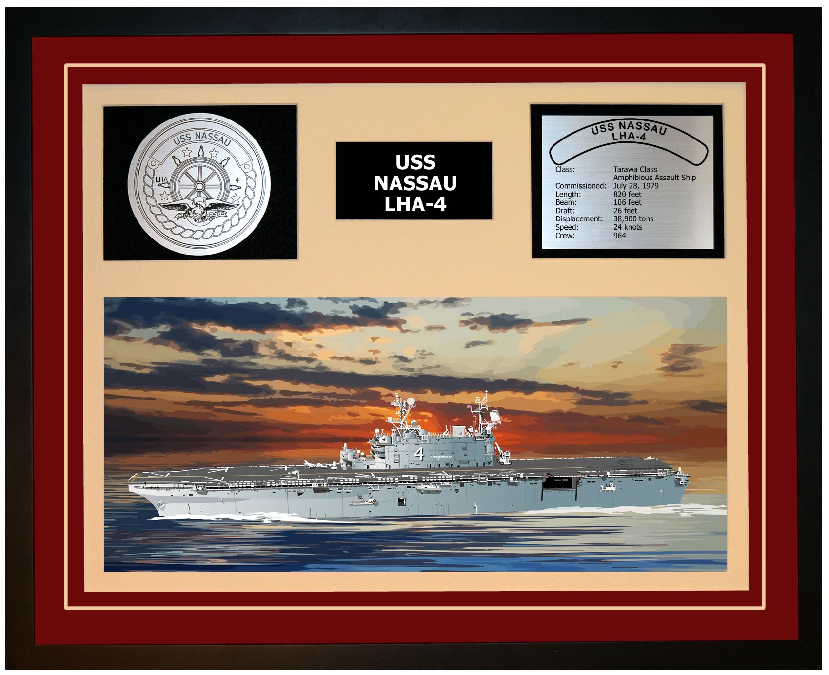 USS NASSAU LHA-4 Framed Navy Ship Display Burgundy