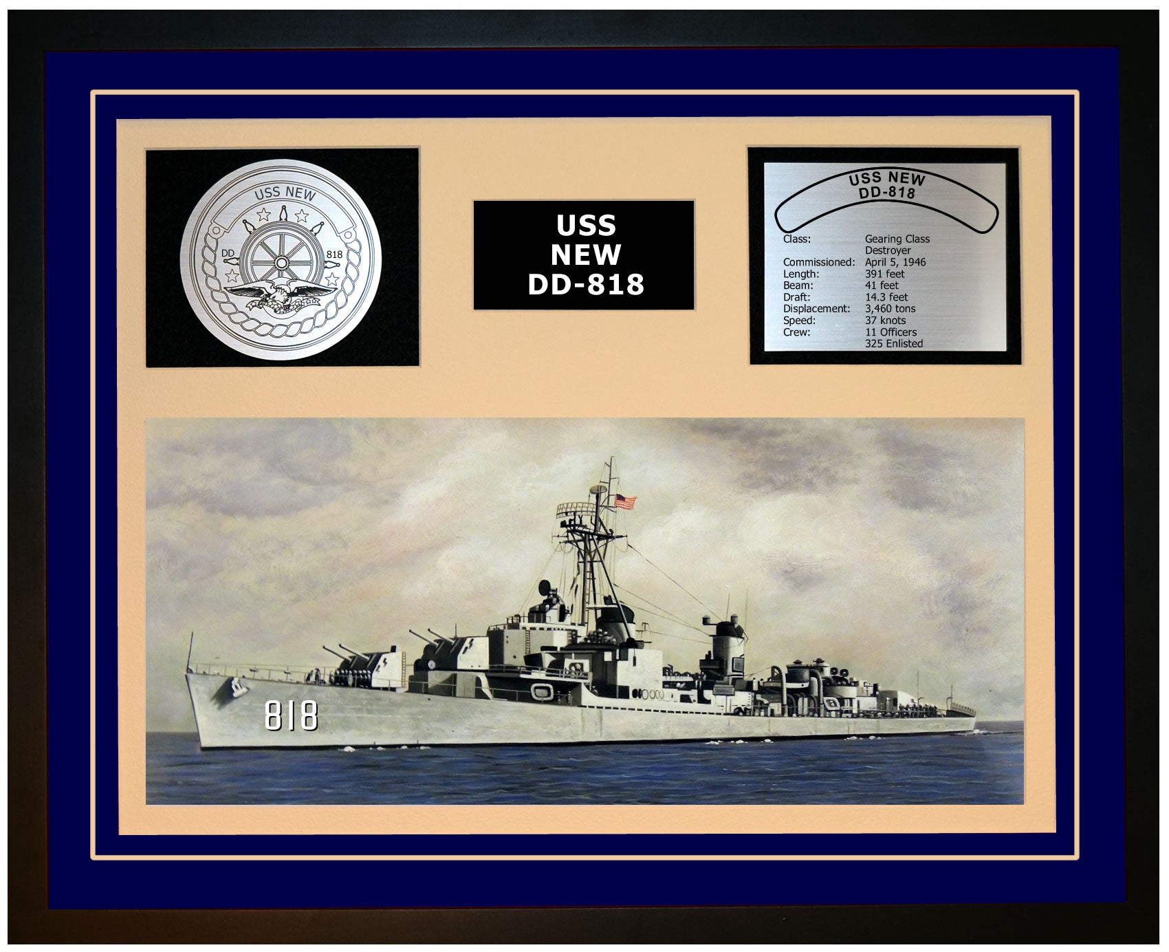 USS NEW DD-818 Framed Navy Ship Display Blue