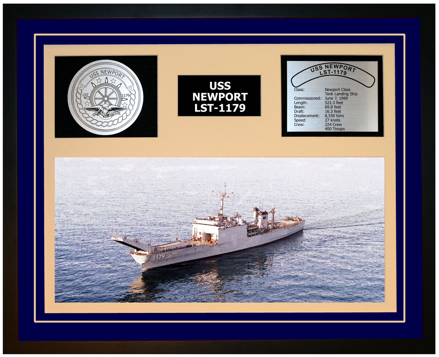 USS NEWPORT LST-1179 Framed Navy Ship Display Blue