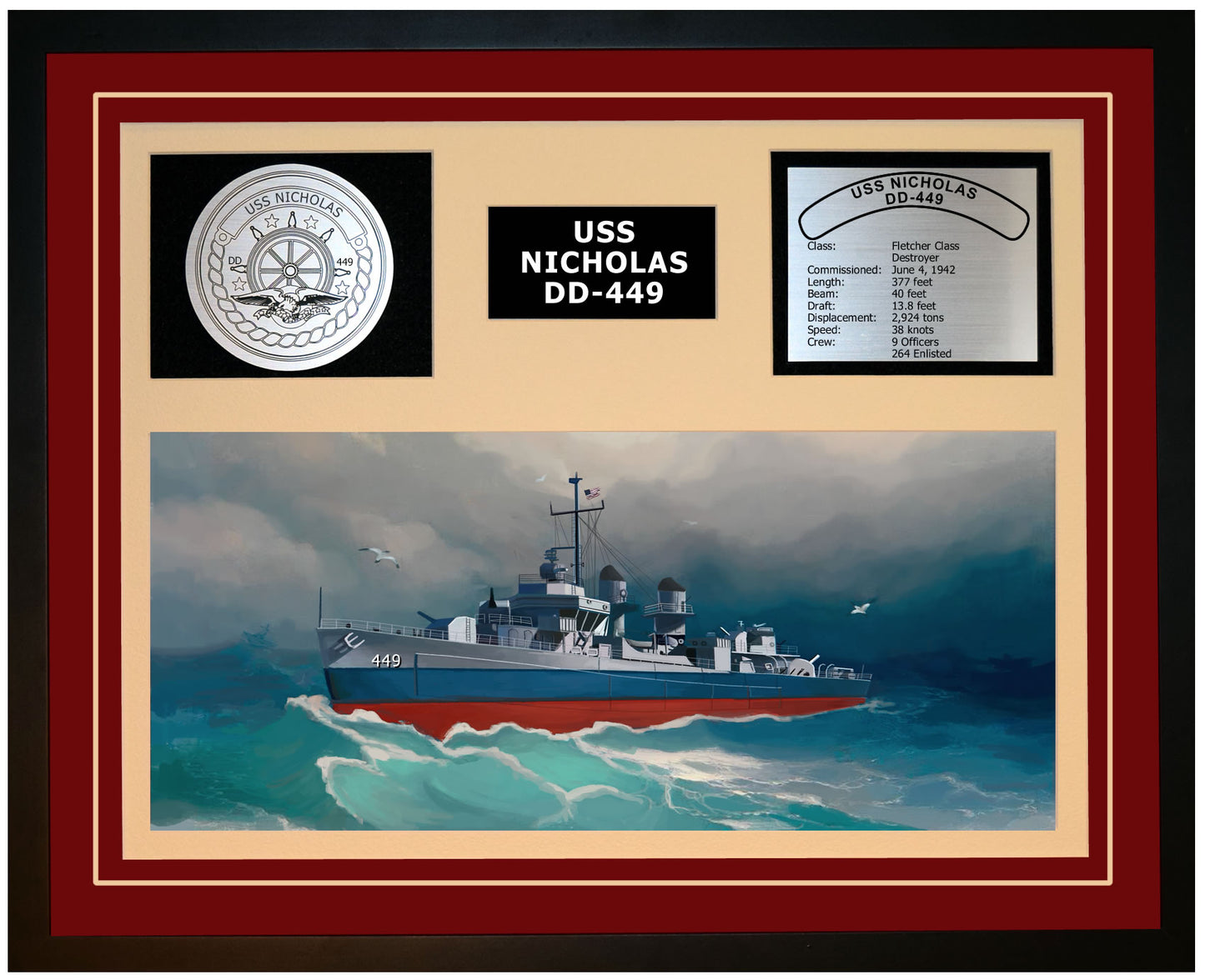 USS NICHOLAS DD-449 Framed Navy Ship Display Burgundy