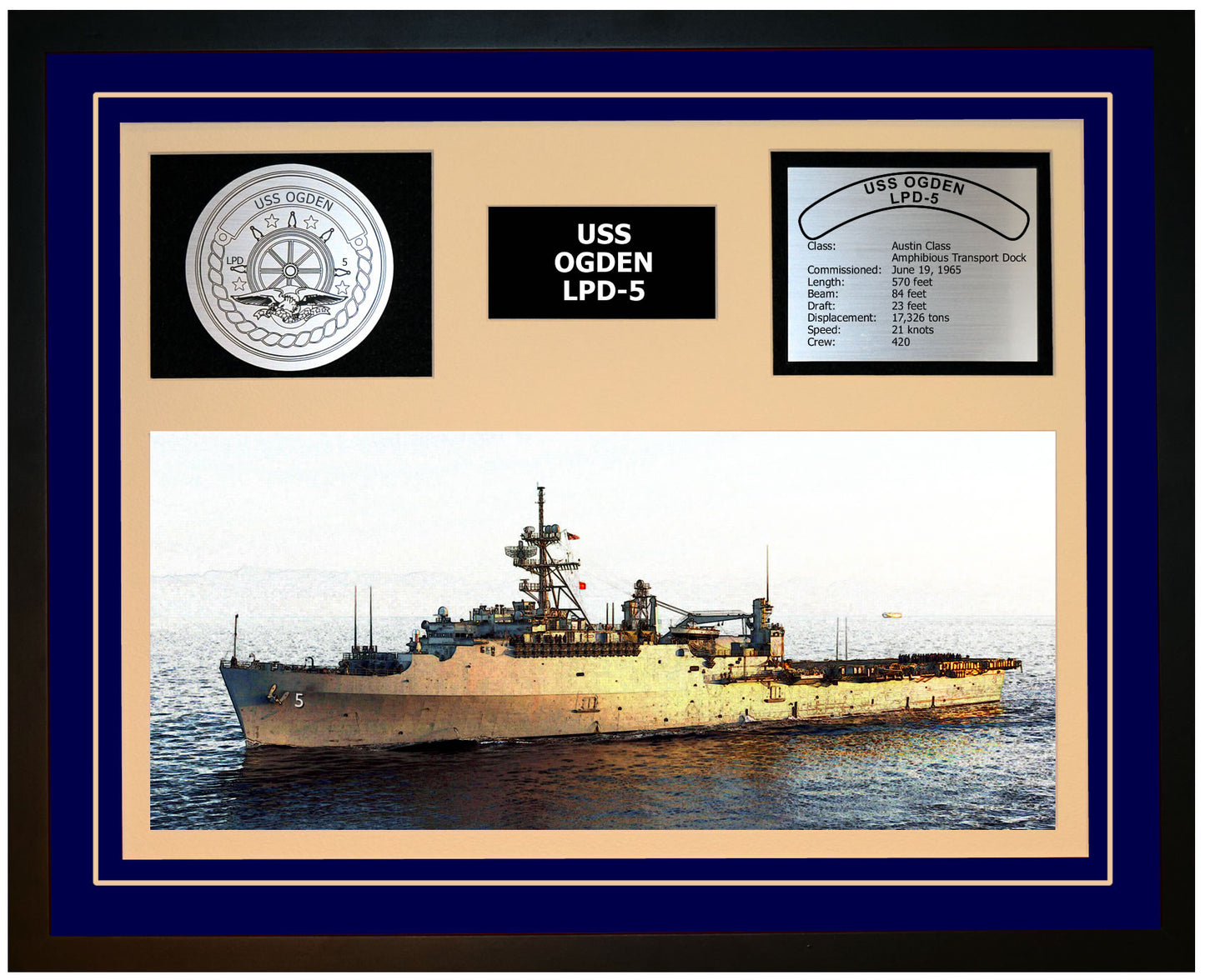 USS OGDEN LPD-5 Framed Navy Ship Display Blue