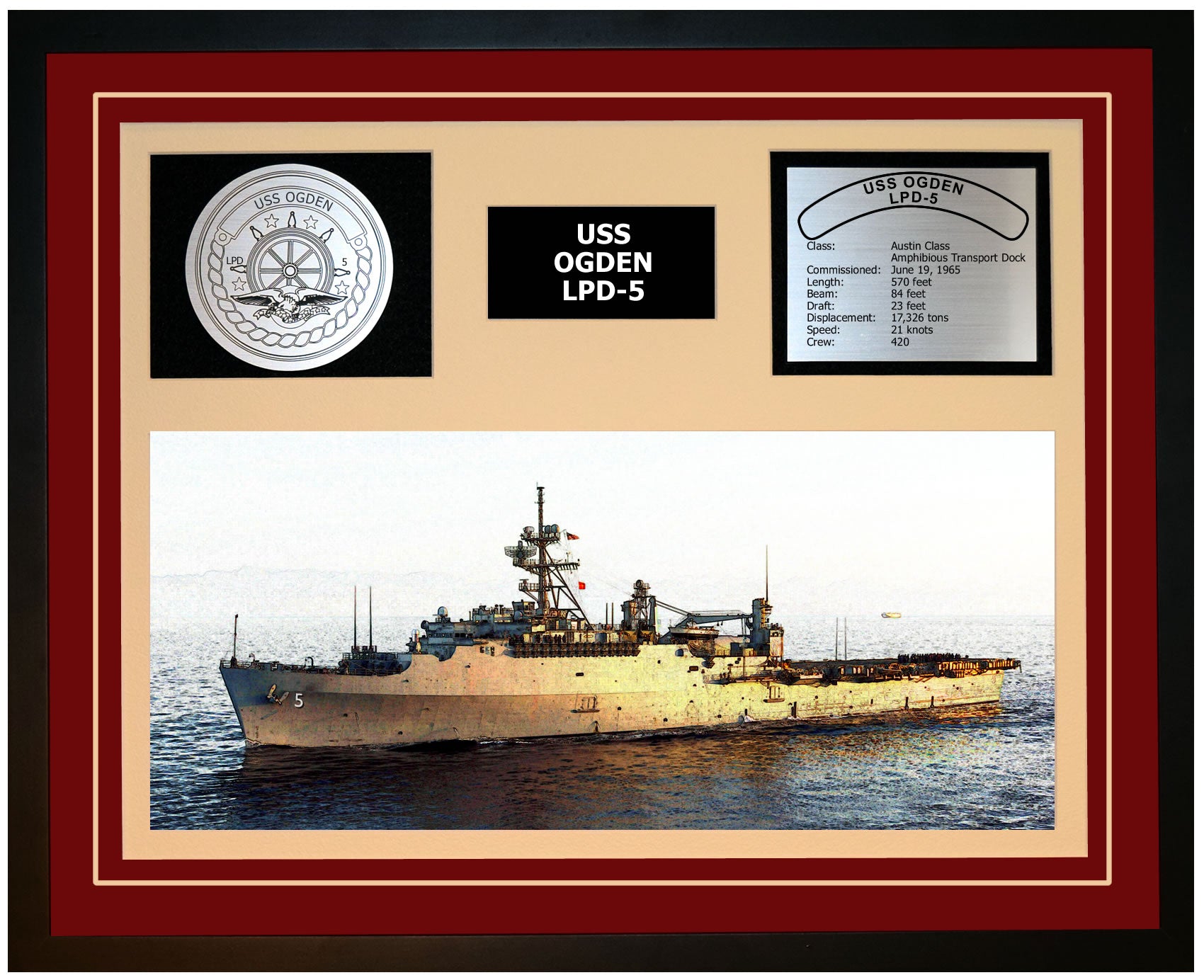 USS OGDEN LPD-5 Framed Navy Ship Display Burgundy