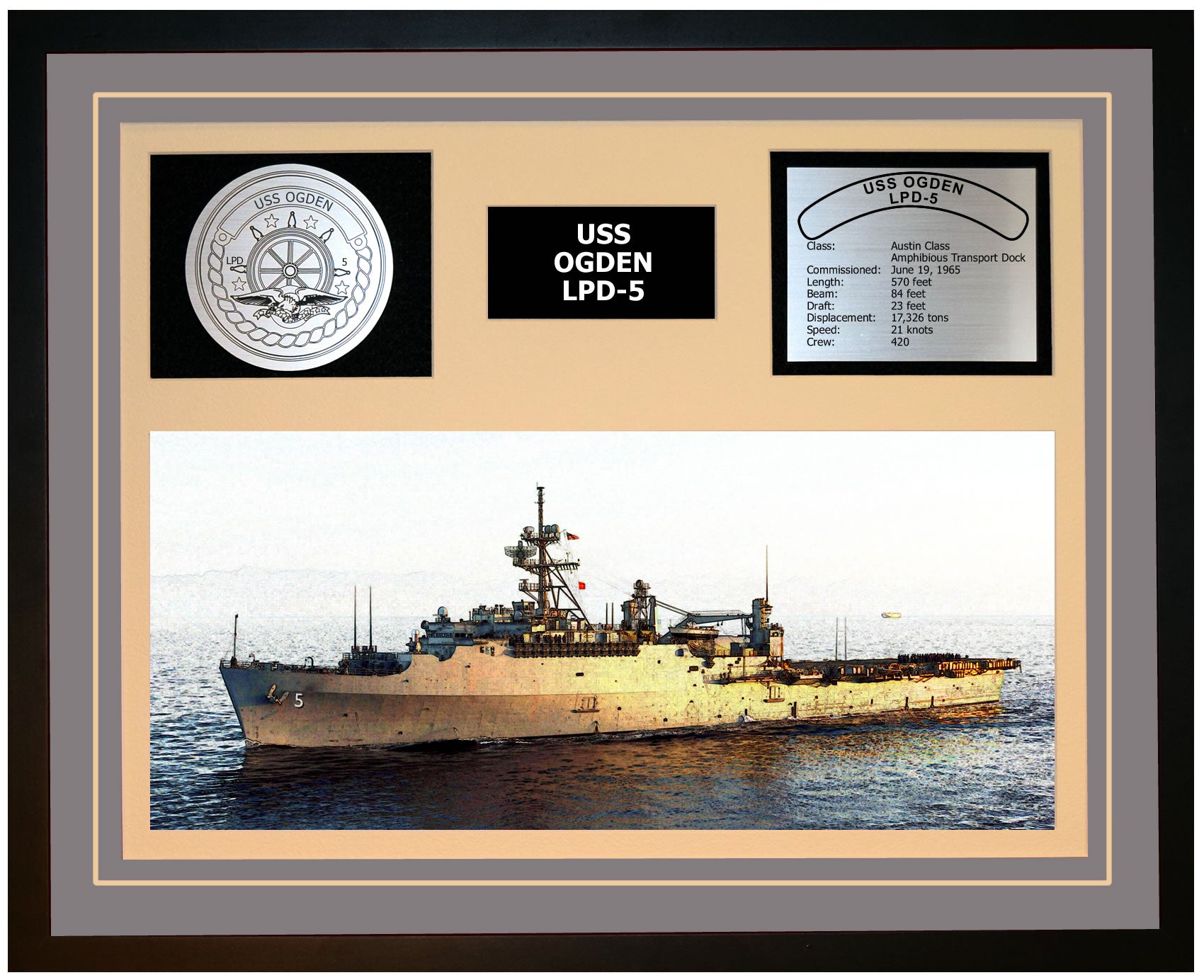 USS OGDEN LPD-5 Framed Navy Ship Display Grey
