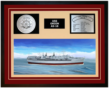 USS ORION AS-18 Framed Navy Ship Display Burgundy