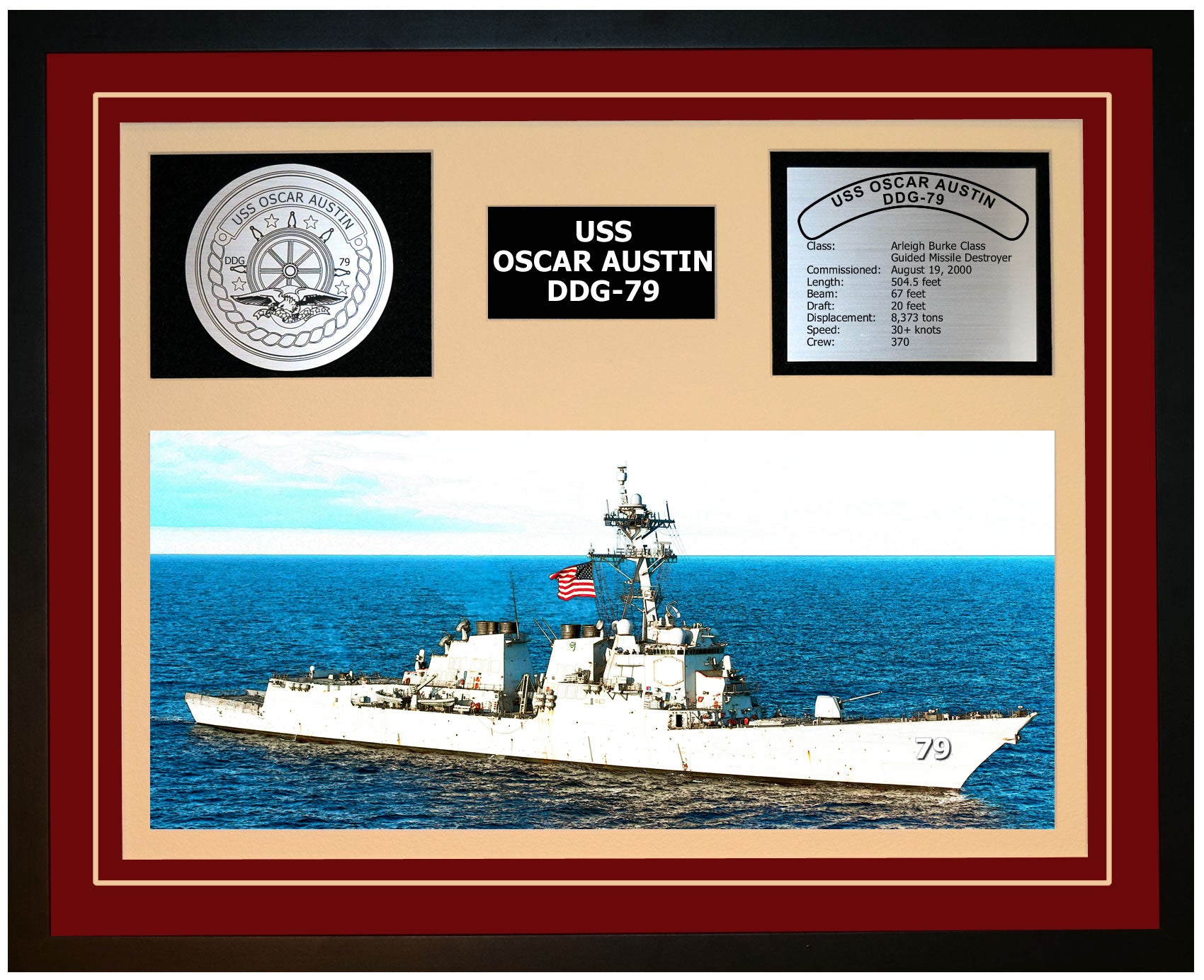 USS OSCAR AUSTIN DDG-79 Framed Navy Ship Display Burgundy