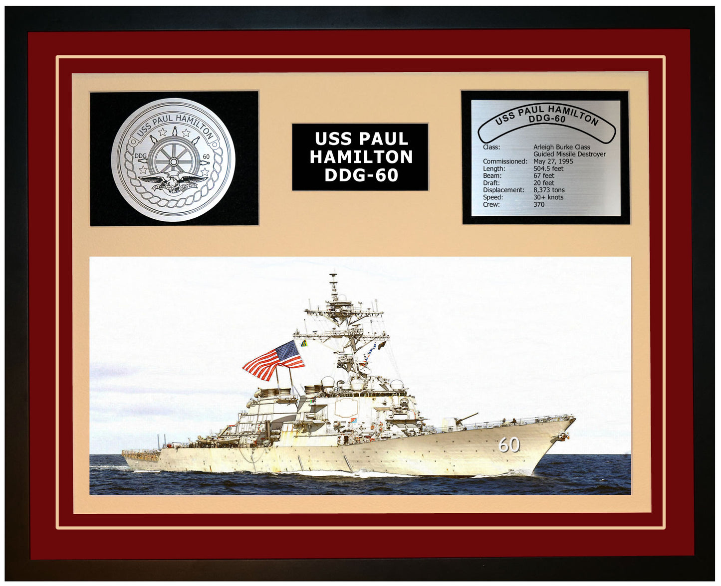 USS PAUL HAMILTON DDG-60 Framed Navy Ship Display Burgundy