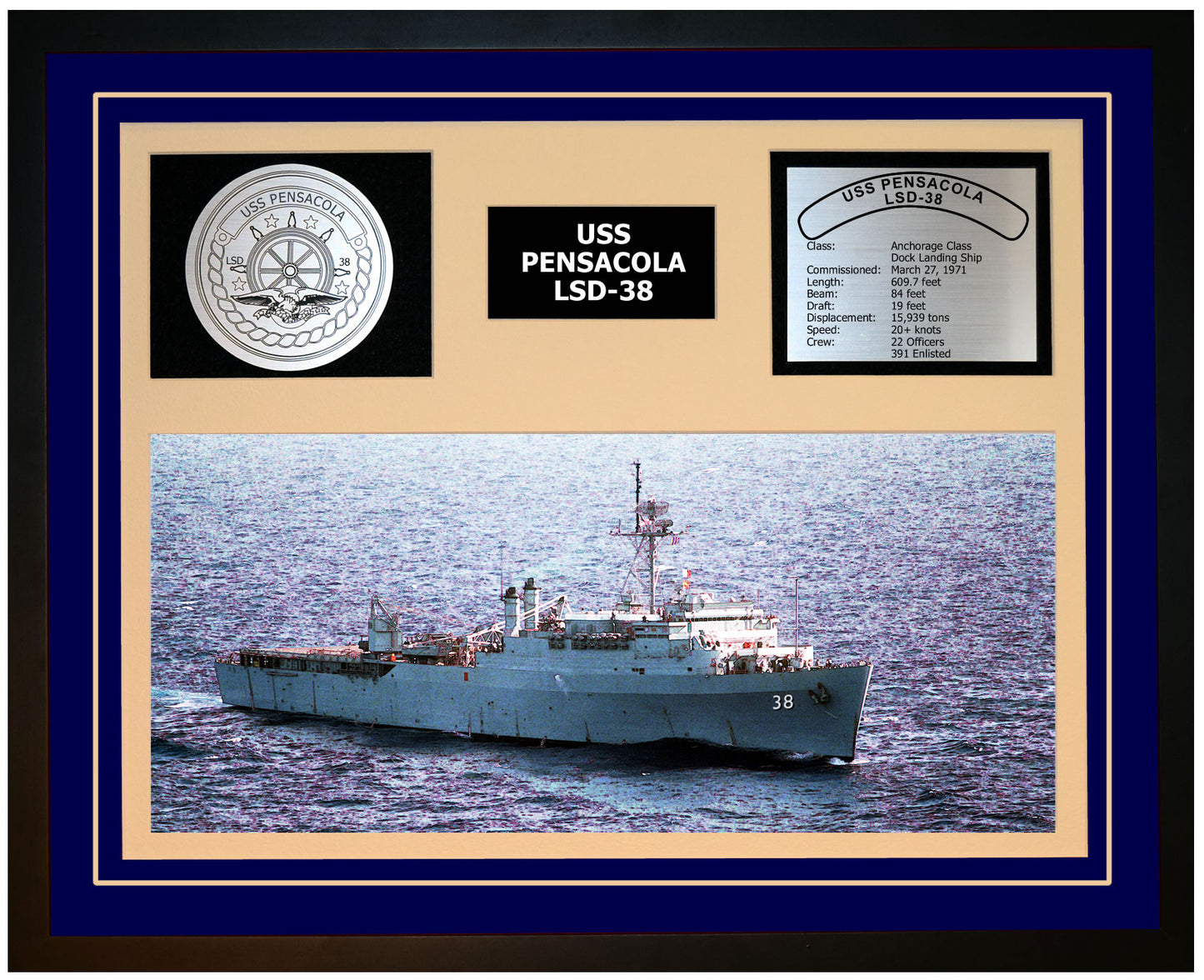 USS PENSACOLA LSD-38 Framed Navy Ship Display Blue