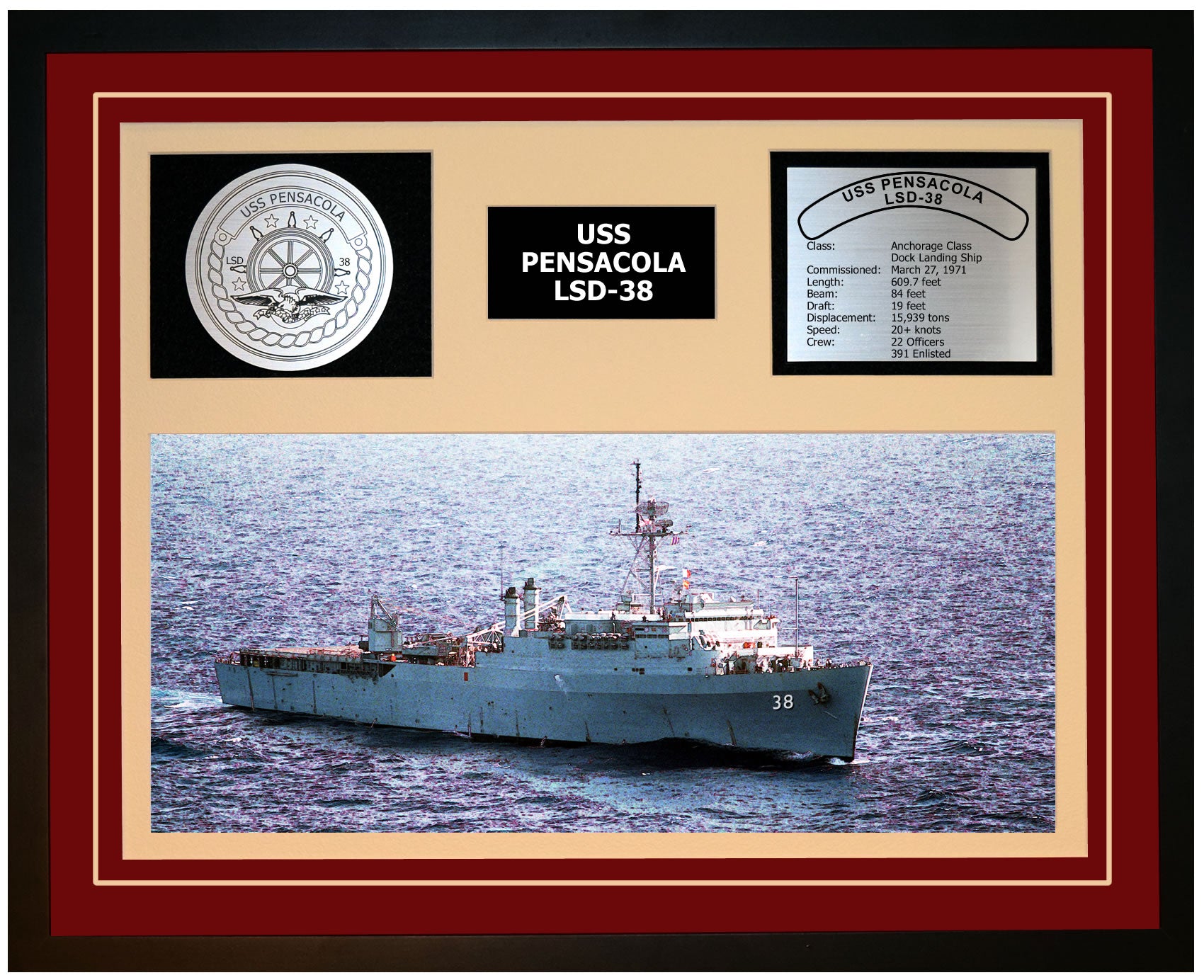 USS PENSACOLA LSD-38 Framed Navy Ship Display Burgundy