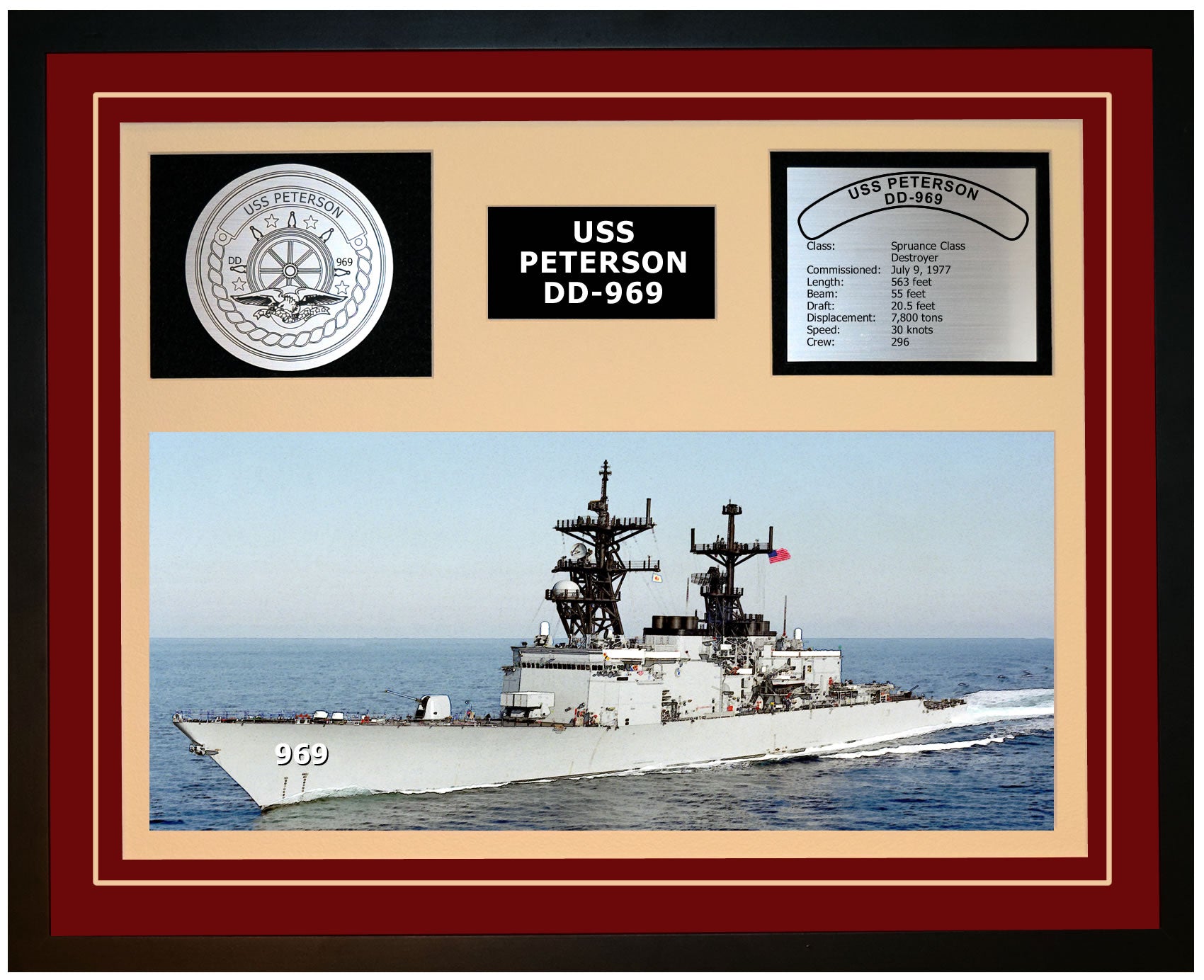 USS PETERSON DD-969 Framed Navy Ship Display Burgundy