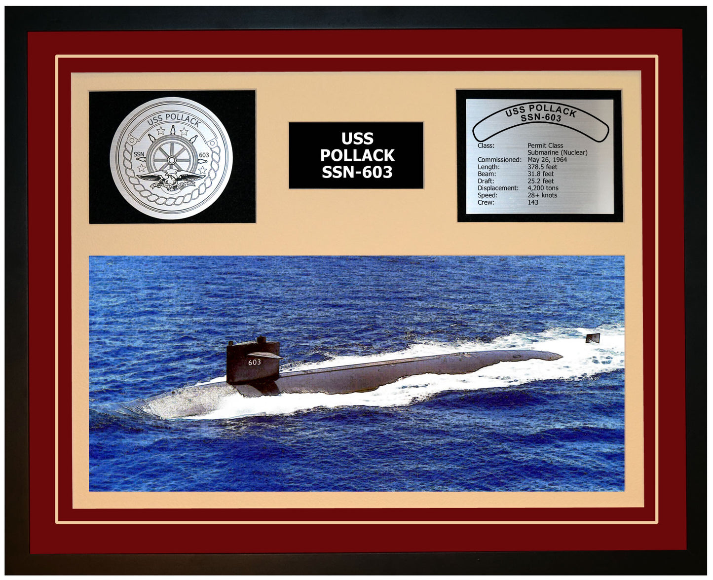 USS POLLACK SSN-603 Framed Navy Ship Display Burgundy
