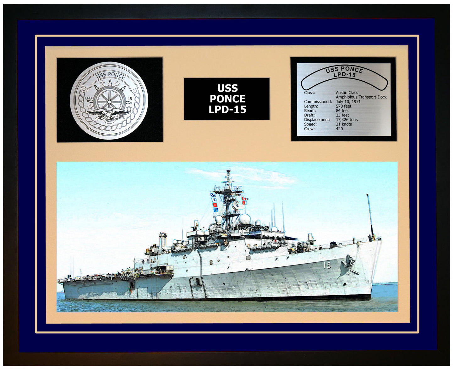USS PONCE LPD-15 Framed Navy Ship Display Blue