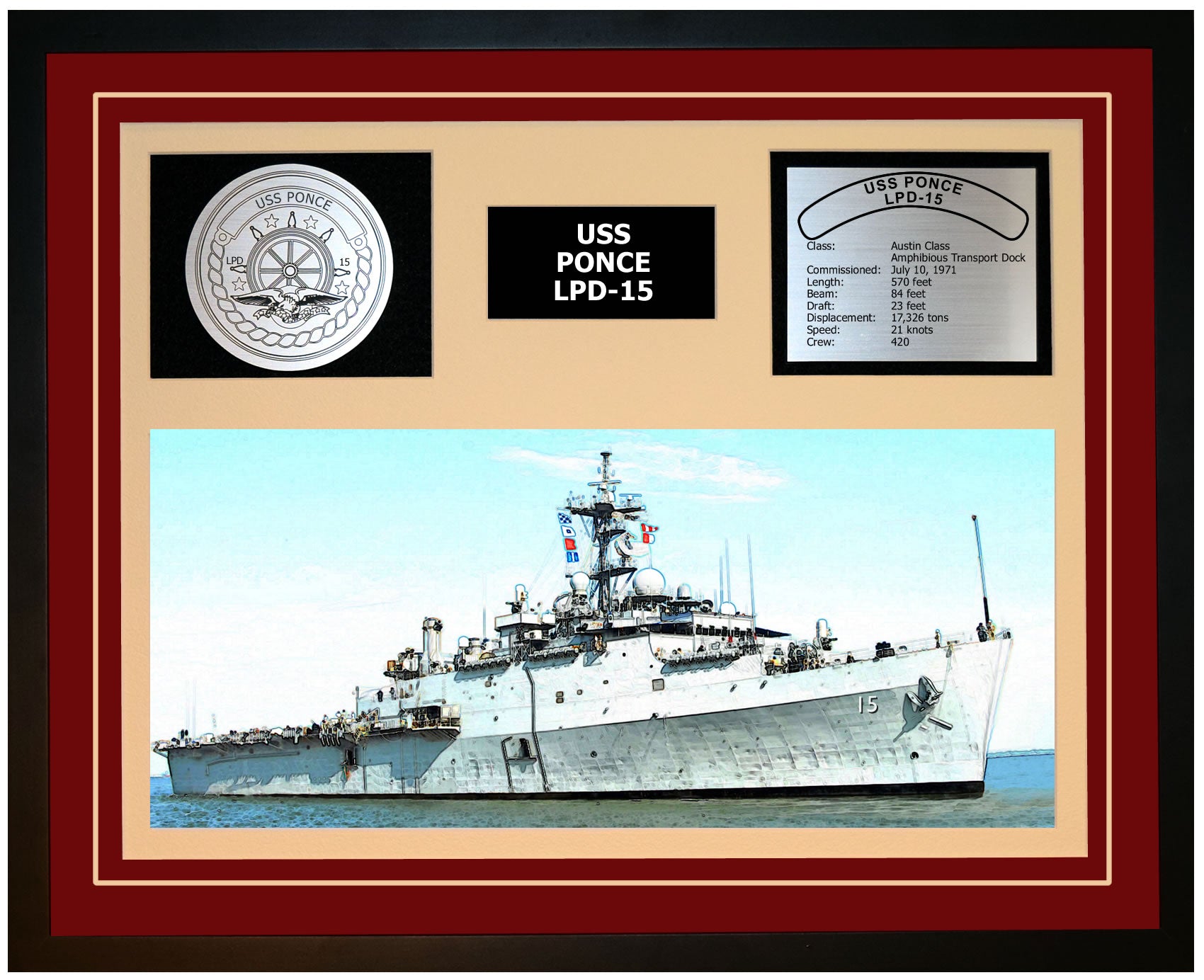 USS PONCE LPD-15 Framed Navy Ship Display Burgundy
