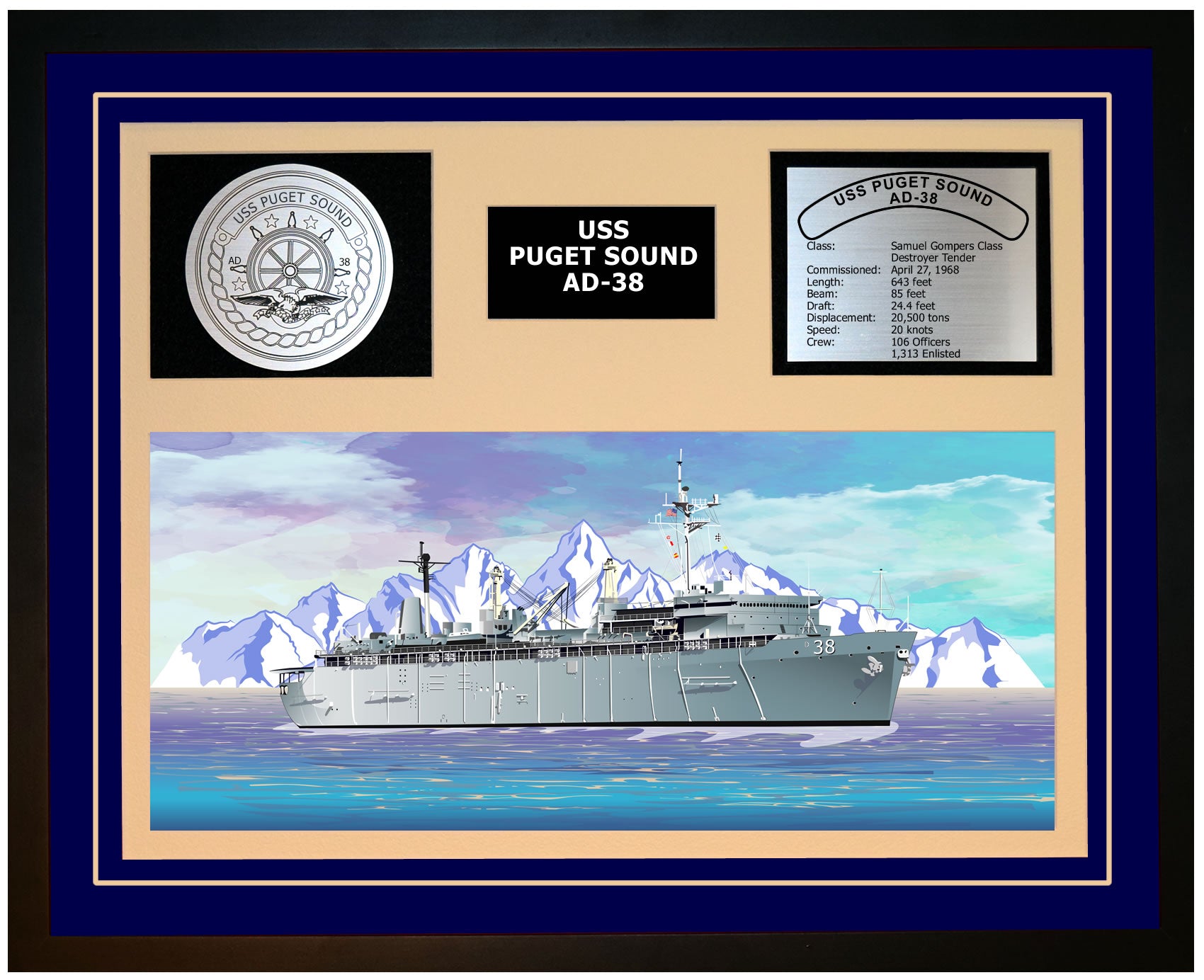 USS PUGET SOUND AD-38 Framed Navy Ship Display Blue