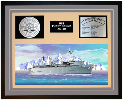 USS PUGET SOUND AD-38 Framed Navy Ship Display Grey