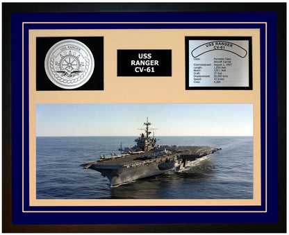 USS RANGER CV-61 Framed Navy Ship Display Blue