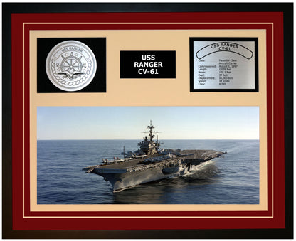 USS RANGER CV-61 Framed Navy Ship Display Burgundy