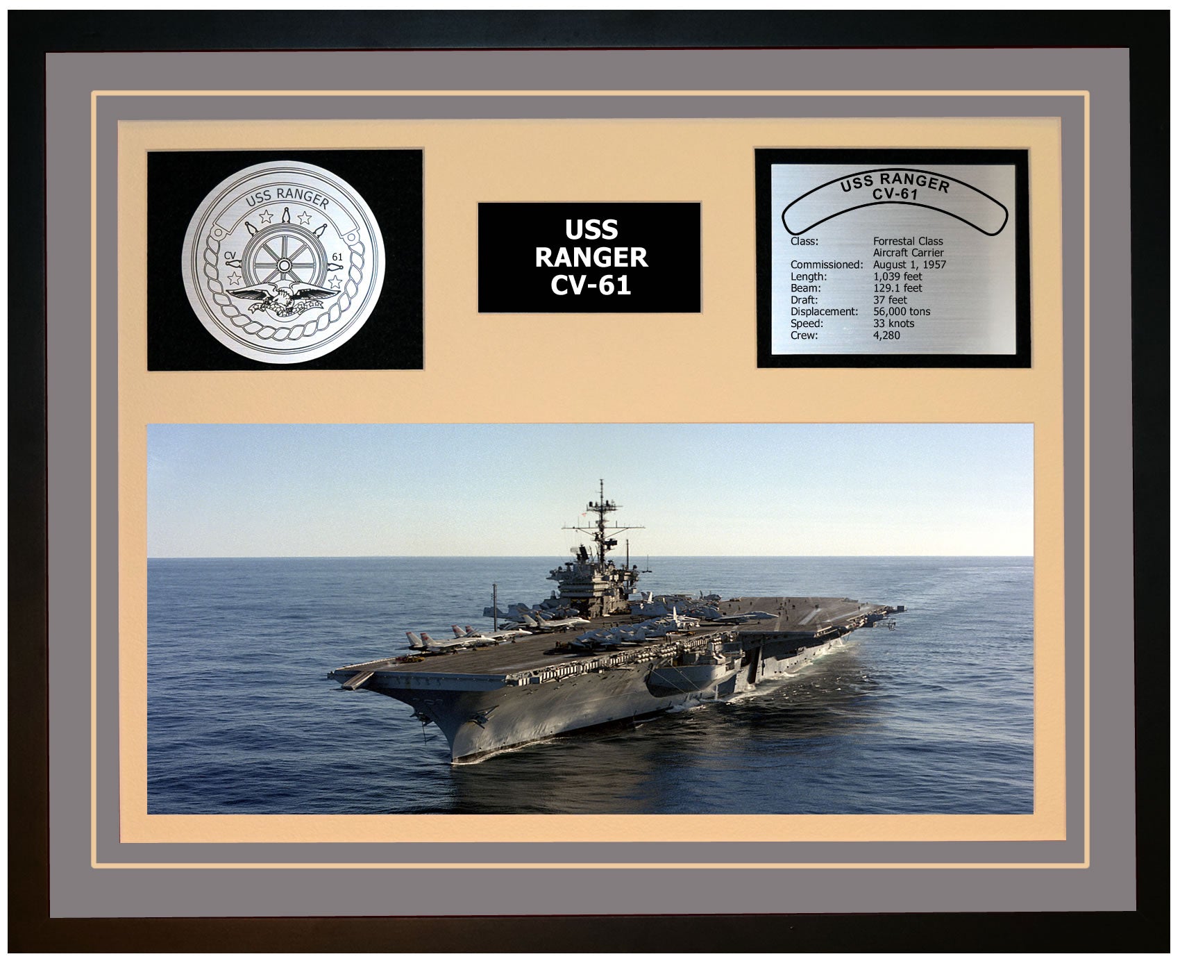 USS RANGER CV-61 Framed Navy Ship Display Grey