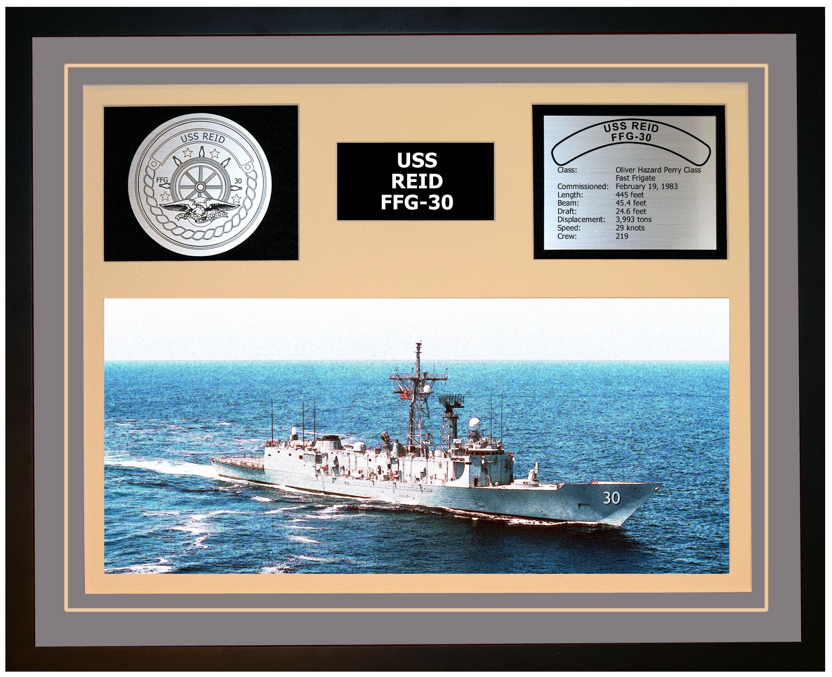 USS REID FFG-30 Framed Navy Ship Display Grey