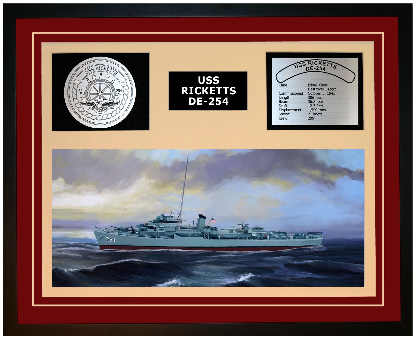 USS RICKETTS DE-254 Framed Navy Ship Display Burgundy