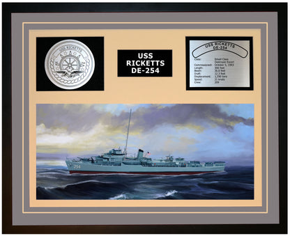 USS RICKETTS DE-254 Framed Navy Ship Display Grey