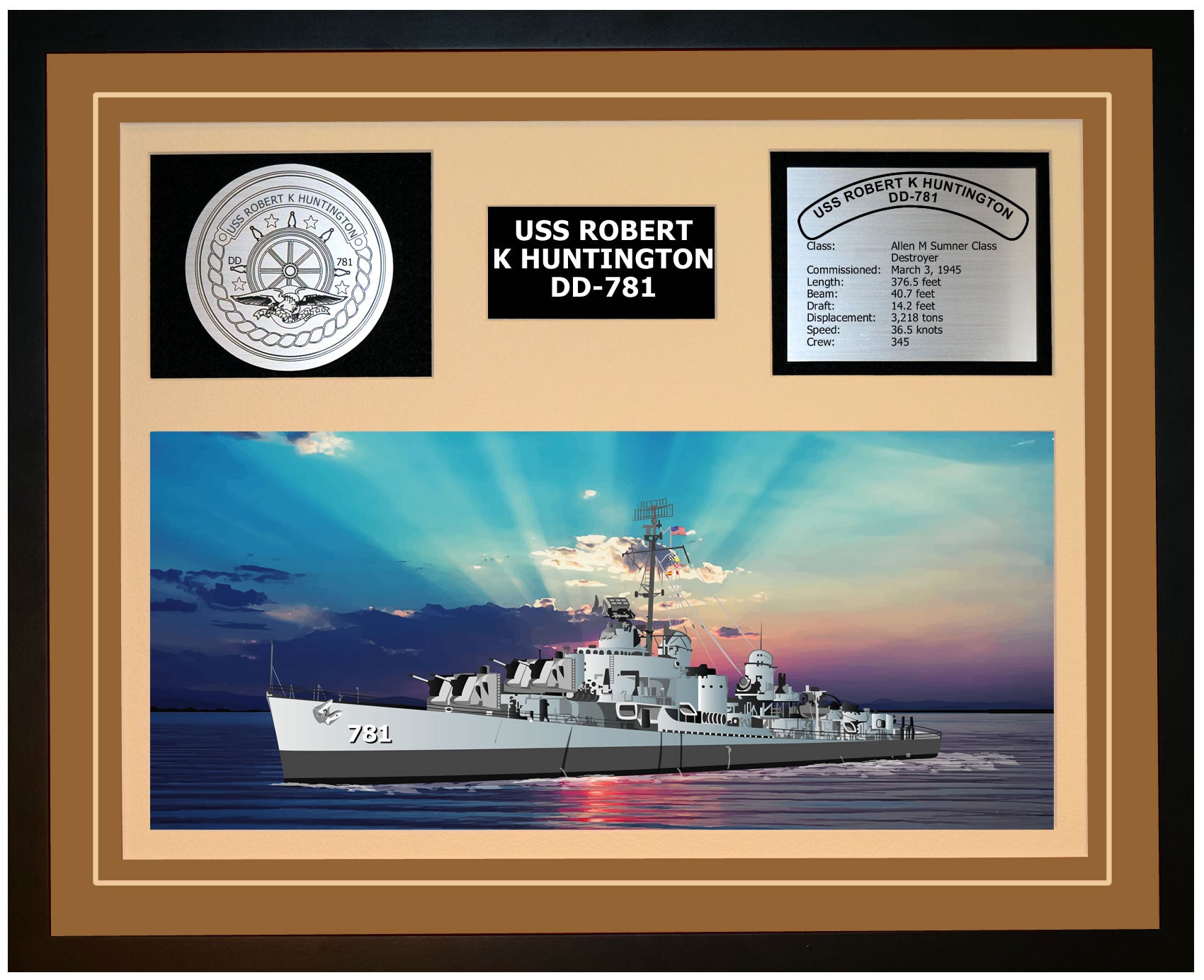 USS ROBERT K HUNTINGTON DD-781 Framed Navy Ship Display Brown
