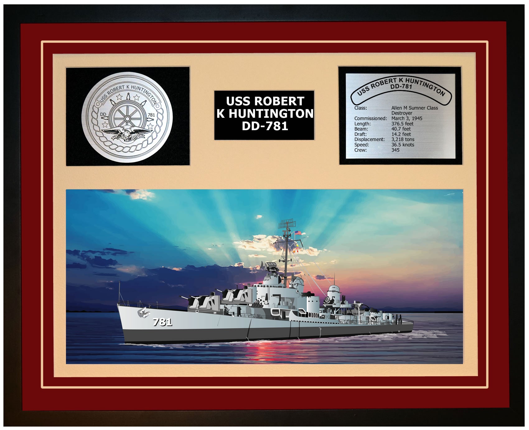 USS ROBERT K HUNTINGTON DD-781 Framed Navy Ship Display Burgundy