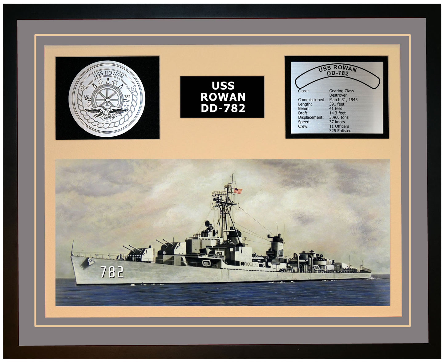 USS ROWAN DD-782 Framed Navy Ship Display Grey