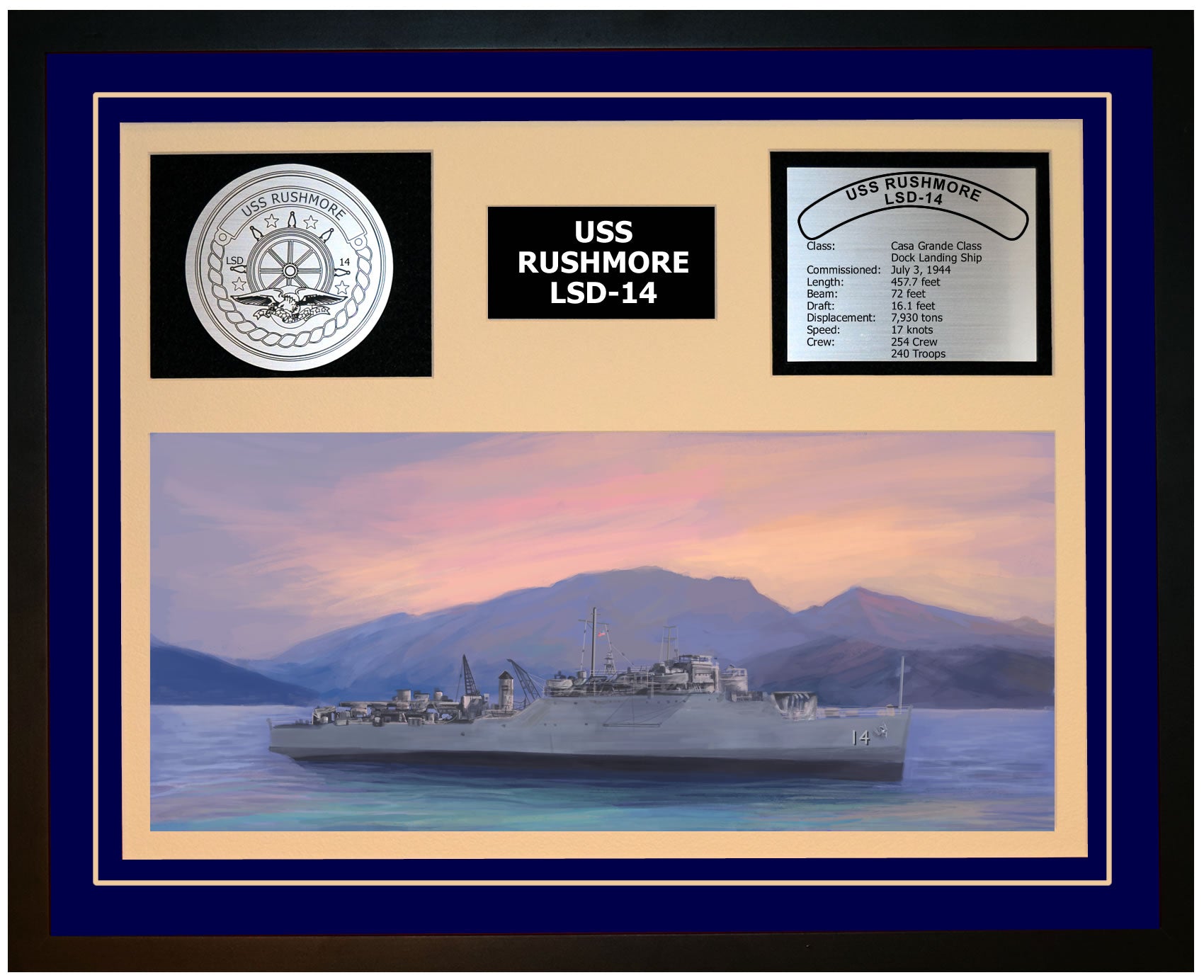 USS RUSHMORE LSD-14 Framed Navy Ship Display Blue