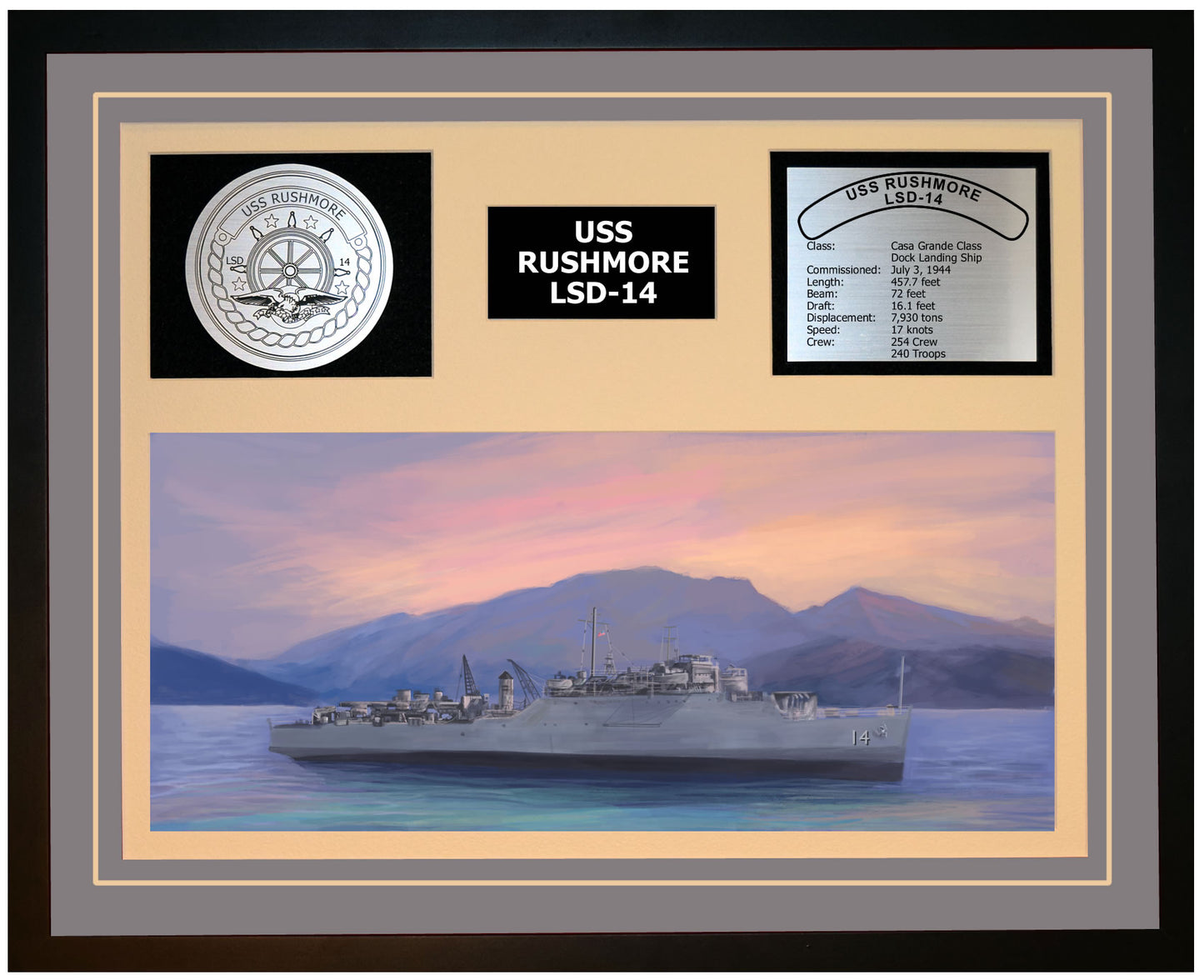USS RUSHMORE LSD-14 Framed Navy Ship Display Grey