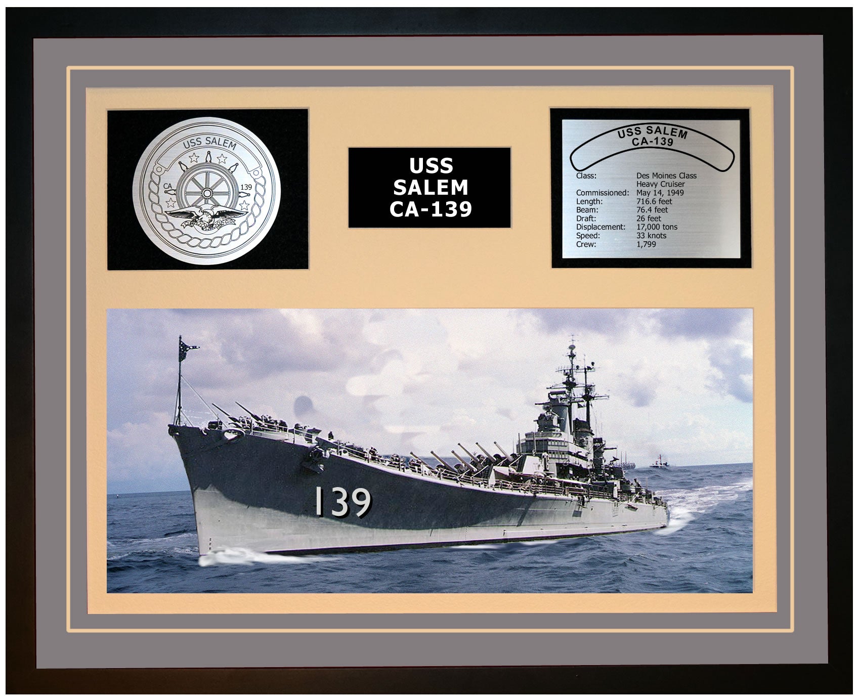 USS SALEM CA-139 Framed Navy Ship Display Grey
