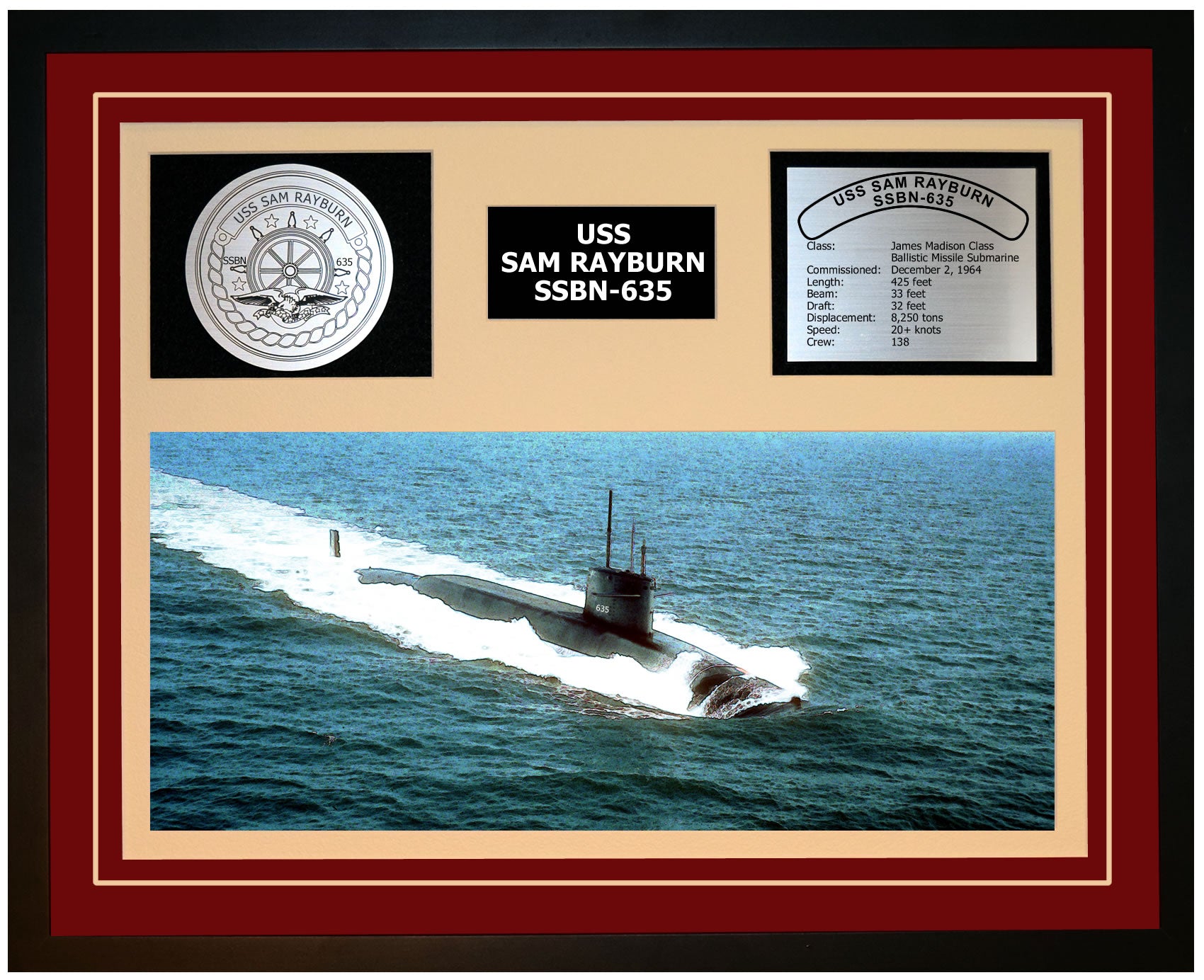 USS SAM RAYBURN SSBN-635 Framed Navy Ship Display Burgundy