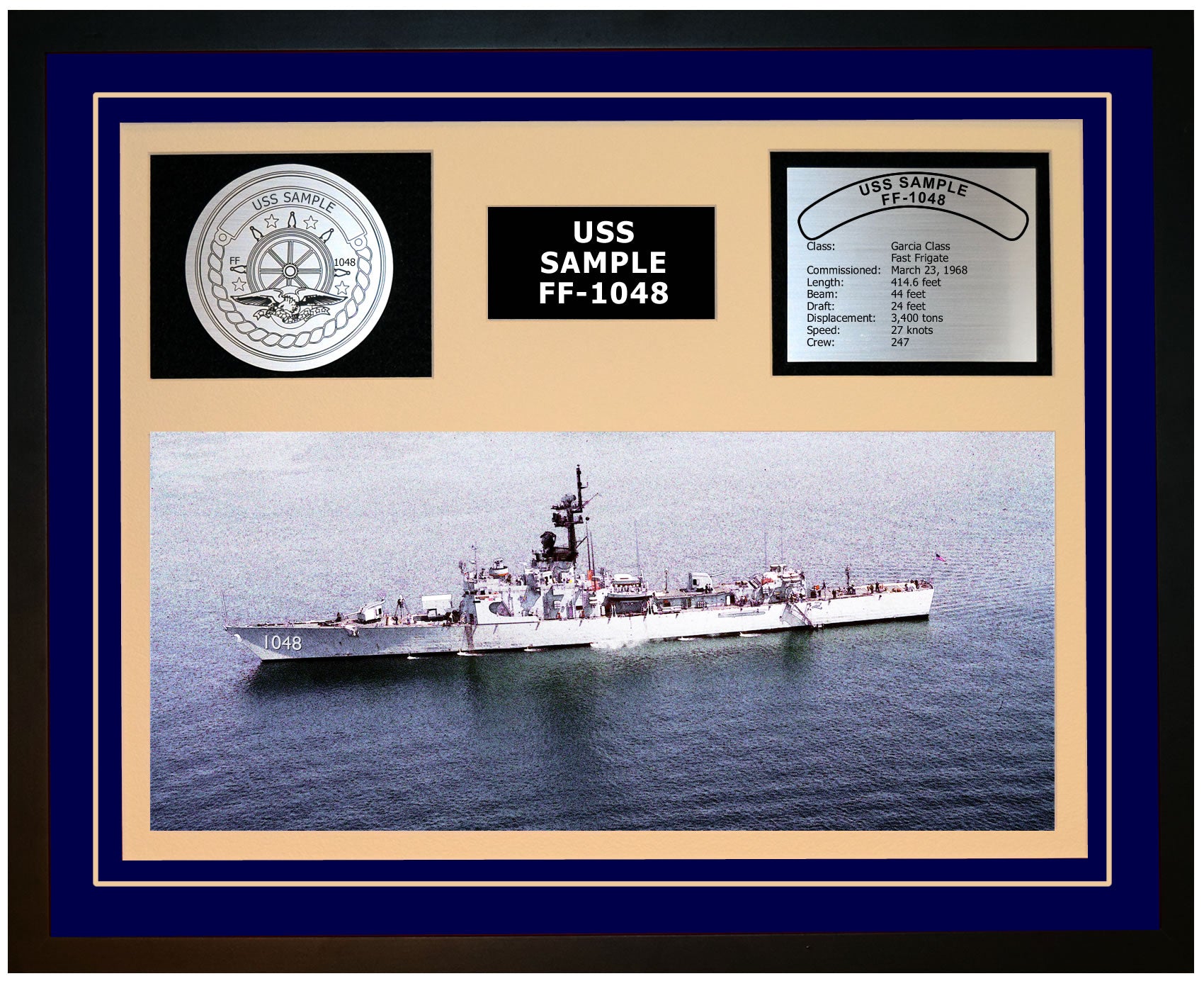 USS SAMPLE FF-1048 Framed Navy Ship Display Blue