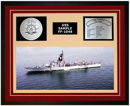 USS SAMPLE FF-1048 Framed Navy Ship Display Burgundy