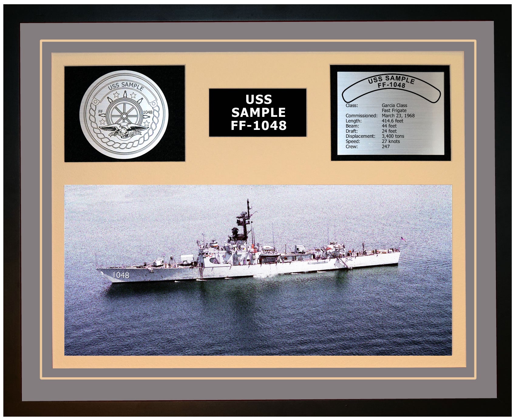 USS SAMPLE FF-1048 Framed Navy Ship Display Grey