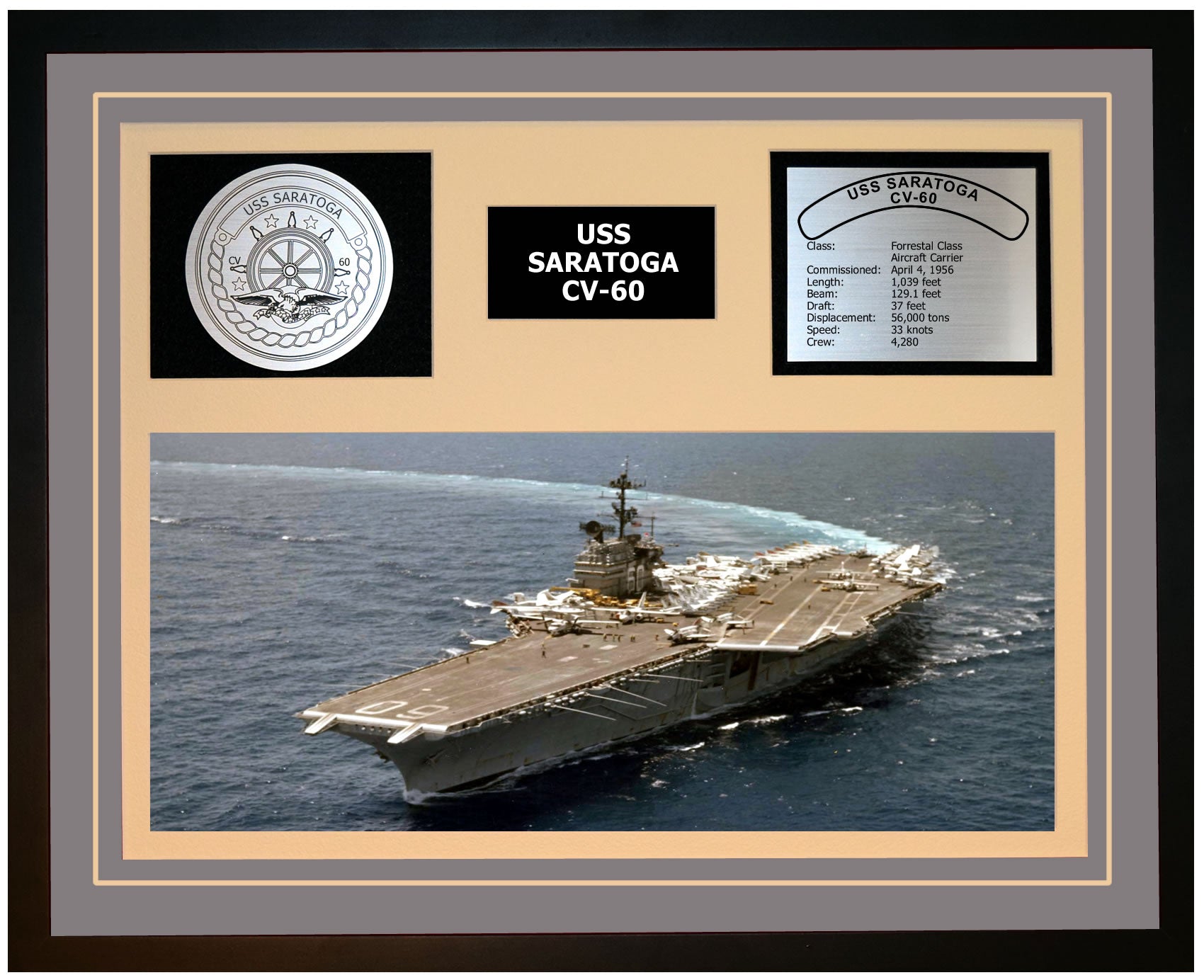USS SARATOGA CV-60 Framed Navy Ship Display Grey