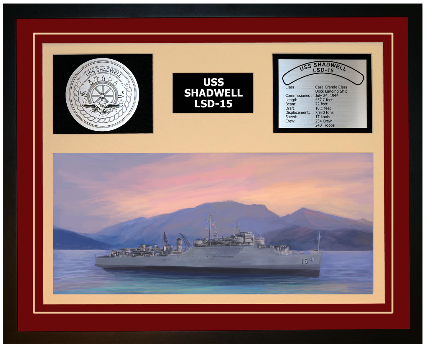 USS SHADWELL LSD-15 Framed Navy Ship Display Burgundy