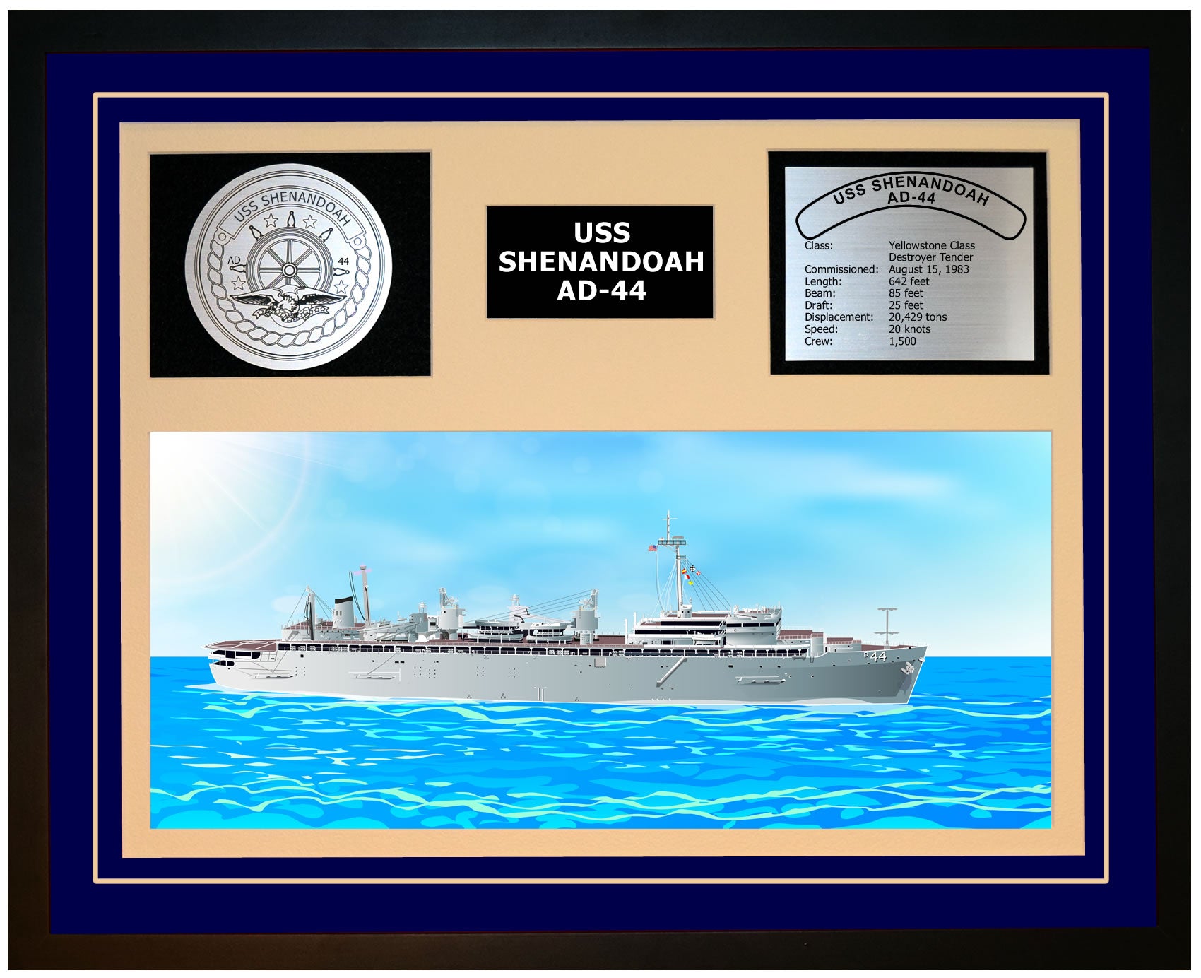 USS SHENANDOAH AD-44 Framed Navy Ship Display Blue