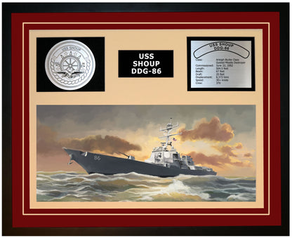 USS SHOUP DDG-86 Framed Navy Ship Display Burgundy