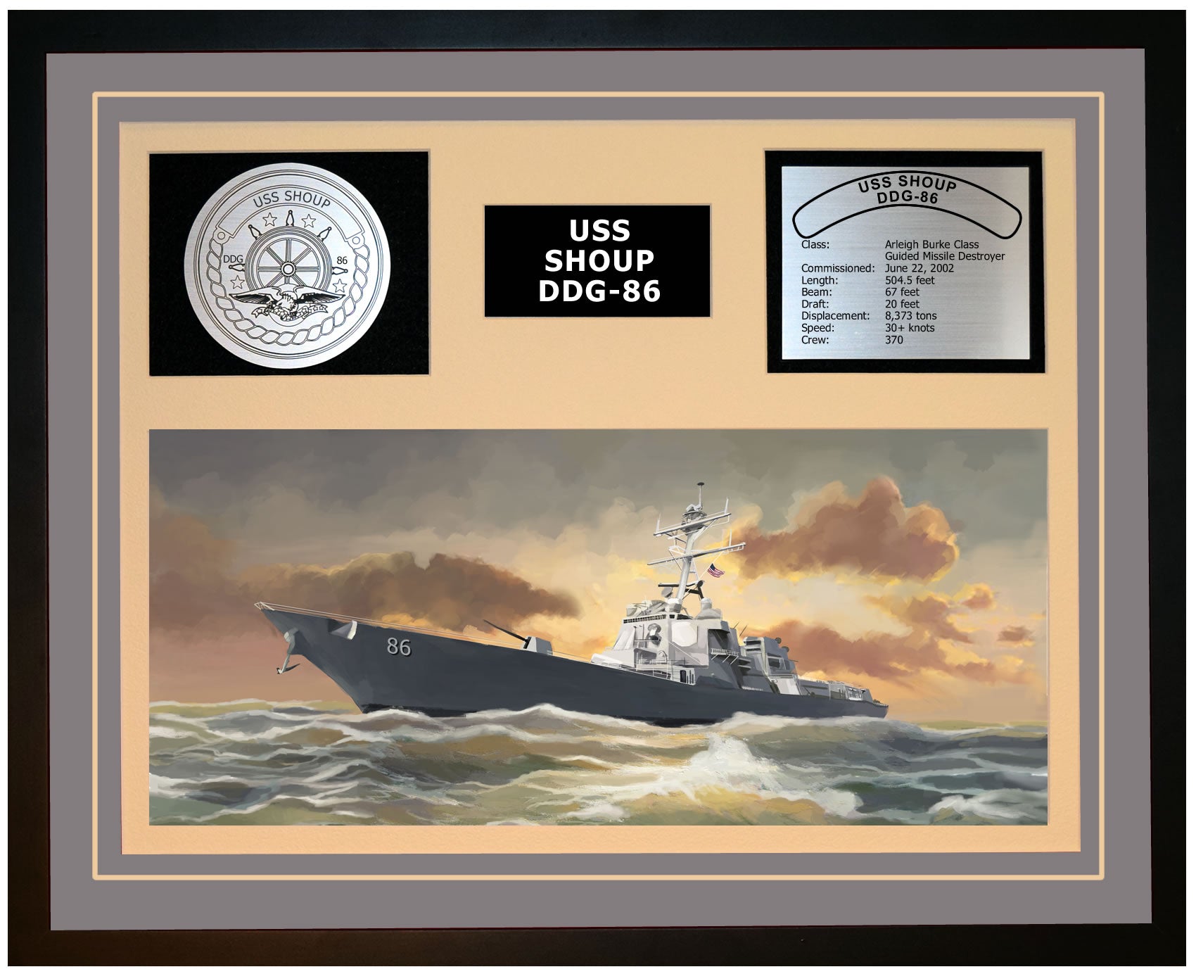 USS SHOUP DDG-86 Framed Navy Ship Display Grey