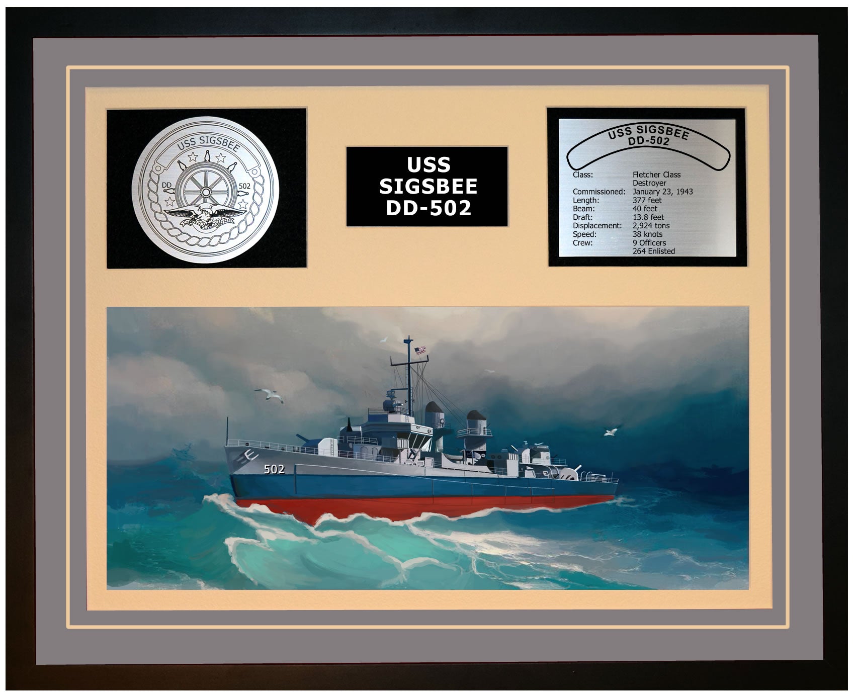 USS SIGSBEE DD-502 Framed Navy Ship Display Grey