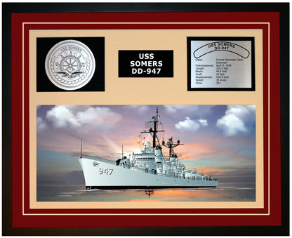 USS SOMERS DD-947 Framed Navy Ship Display Burgundy